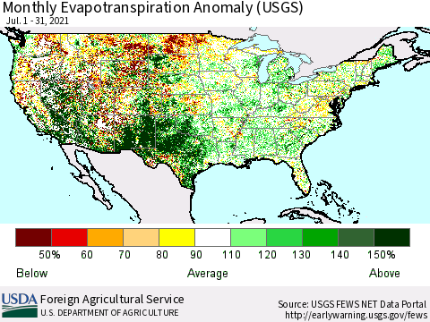 United States Evapotranspiration Anomaly 1-Month (USGS) Thematic Map For 7/1/2021 - 7/31/2021