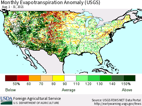 United States Monthly Actual Evapotranspiration Anomaly (USGS) Thematic Map For 8/1/2021 - 8/31/2021