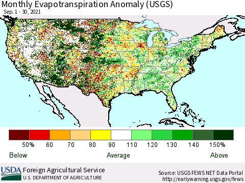United States Monthly Actual Evapotranspiration Anomaly (USGS) Thematic Map For 9/1/2021 - 9/30/2021