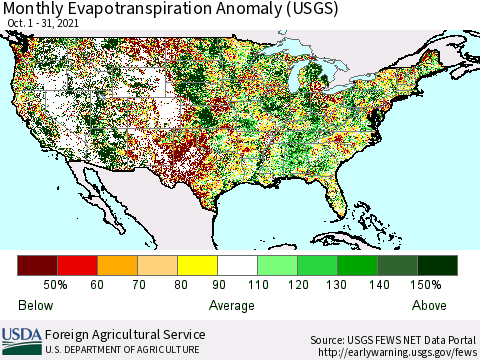 United States Monthly Actual Evapotranspiration Anomaly (USGS) Thematic Map For 10/1/2021 - 10/31/2021