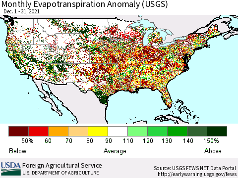United States Monthly Actual Evapotranspiration Anomaly (USGS) Thematic Map For 12/1/2021 - 12/31/2021