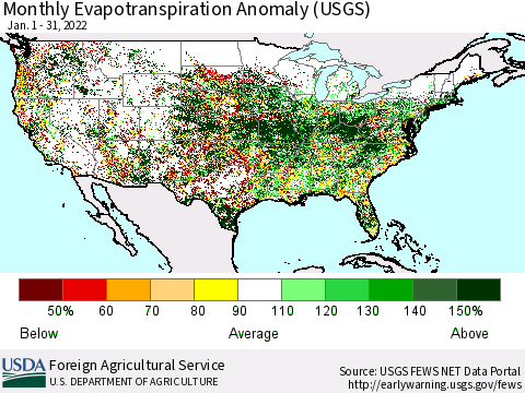 United States Monthly Actual Evapotranspiration Anomaly (USGS) Thematic Map For 1/1/2022 - 1/31/2022