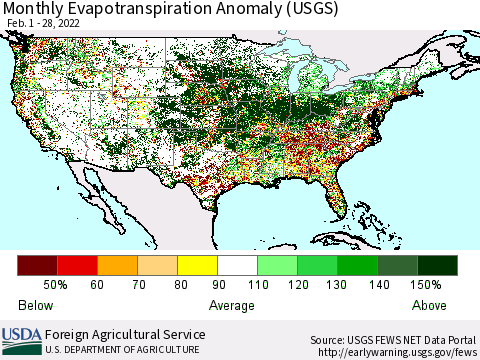United States Monthly Actual Evapotranspiration Anomaly (USGS) Thematic Map For 2/1/2022 - 2/28/2022
