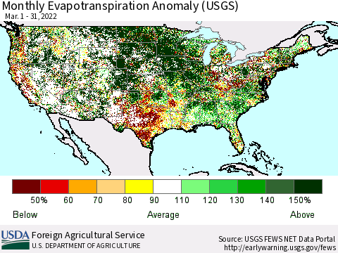 United States Monthly Actual Evapotranspiration Anomaly (USGS) Thematic Map For 3/1/2022 - 3/31/2022
