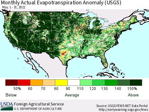 United States Monthly Actual Evapotranspiration Anomaly (USGS) Thematic Map For 5/1/2022 - 5/31/2022
