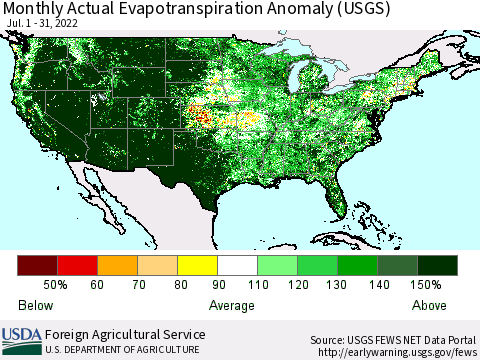 United States Monthly Actual Evapotranspiration Anomaly (USGS) Thematic Map For 7/1/2022 - 7/31/2022