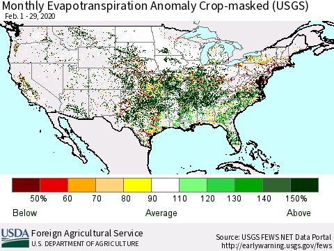 United States Monthly Actual Evapotranspiration Anomaly over Croplands (USGS) Thematic Map For 2/1/2020 - 2/29/2020