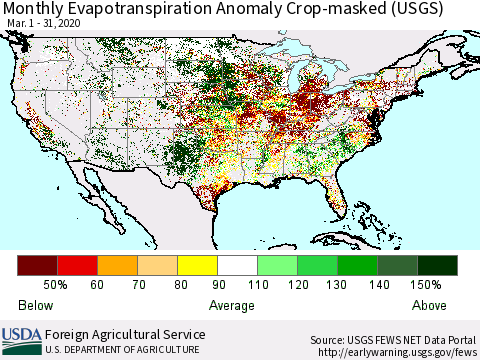 United States Monthly Actual Evapotranspiration Anomaly over Croplands (USGS) Thematic Map For 3/1/2020 - 3/31/2020