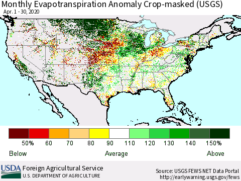 United States Monthly Actual Evapotranspiration Anomaly over Croplands (USGS) Thematic Map For 4/1/2020 - 4/30/2020