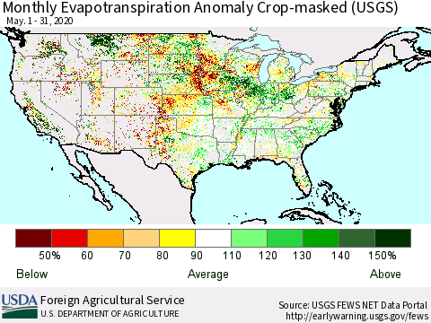 United States Monthly Actual Evapotranspiration Anomaly over Croplands (USGS) Thematic Map For 5/1/2020 - 5/31/2020