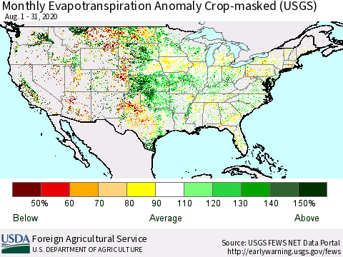 United States Monthly Actual Evapotranspiration Anomaly over Croplands (USGS) Thematic Map For 8/1/2020 - 8/31/2020