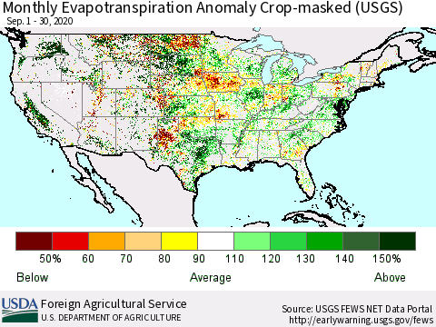 United States Monthly Actual Evapotranspiration Anomaly over Croplands (USGS) Thematic Map For 9/1/2020 - 9/30/2020