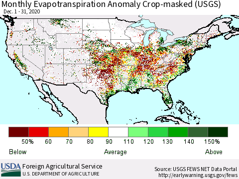 United States Monthly Actual Evapotranspiration Anomaly over Croplands (USGS) Thematic Map For 12/1/2020 - 12/31/2020