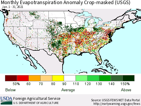 United States Monthly Actual Evapotranspiration Anomaly over Croplands (USGS) Thematic Map For 1/1/2021 - 1/31/2021