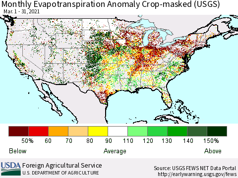 United States Monthly Actual Evapotranspiration Anomaly over Croplands (USGS) Thematic Map For 3/1/2021 - 3/31/2021