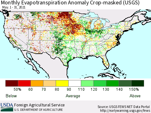 United States Monthly Actual Evapotranspiration Anomaly over Croplands (USGS) Thematic Map For 5/1/2021 - 5/31/2021