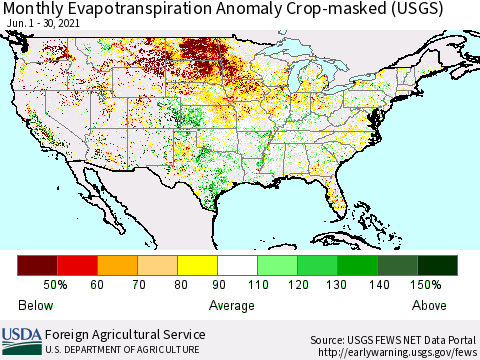 United States Monthly Actual Evapotranspiration Anomaly over Croplands (USGS) Thematic Map For 6/1/2021 - 6/30/2021