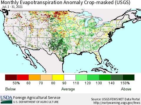 United States Monthly Actual Evapotranspiration Anomaly over Croplands (USGS) Thematic Map For 7/1/2021 - 7/31/2021