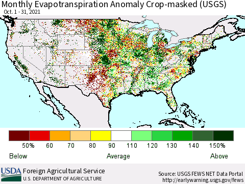 United States Monthly Actual Evapotranspiration Anomaly over Croplands (USGS) Thematic Map For 10/1/2021 - 10/31/2021