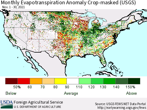 United States Monthly Actual Evapotranspiration Anomaly over Croplands (USGS) Thematic Map For 11/1/2021 - 11/30/2021