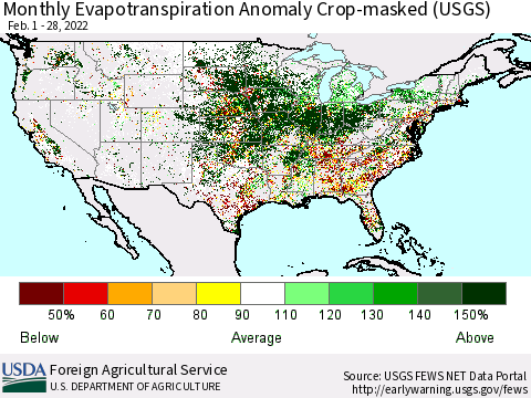 United States Monthly Actual Evapotranspiration Anomaly over Croplands (USGS) Thematic Map For 2/1/2022 - 2/28/2022
