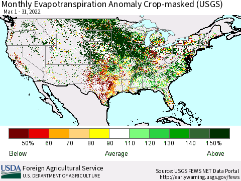 United States Monthly Actual Evapotranspiration Anomaly over Croplands (USGS) Thematic Map For 3/1/2022 - 3/31/2022