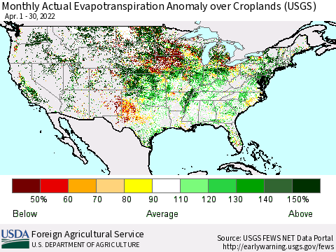United States Monthly Actual Evapotranspiration Anomaly over Croplands (USGS) Thematic Map For 4/1/2022 - 4/30/2022