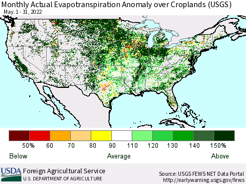 United States Monthly Actual Evapotranspiration Anomaly over Croplands (USGS) Thematic Map For 5/1/2022 - 5/31/2022