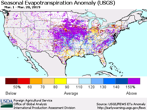 United States Seasonal Evapotranspiration Anomaly (USGS) Thematic Map For 3/1/2019 - 3/20/2019
