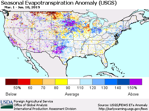 United States Seasonal Evapotranspiration Anomaly (USGS) Thematic Map For 3/1/2019 - 6/10/2019
