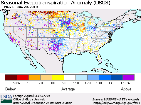 United States Seasonal Evapotranspiration Anomaly (USGS) Thematic Map For 3/1/2019 - 6/20/2019