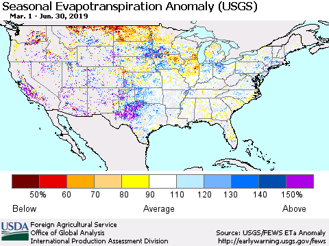 United States Seasonal Evapotranspiration Anomaly (USGS) Thematic Map For 3/1/2019 - 6/30/2019
