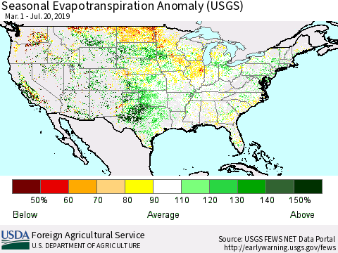 United States Seasonal Evapotranspiration Anomaly (USGS) Thematic Map For 3/1/2019 - 7/20/2019