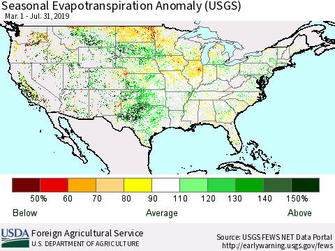 United States Seasonal Evapotranspiration Anomaly (USGS) Thematic Map For 3/1/2019 - 7/31/2019
