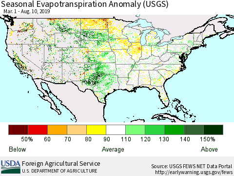 United States Seasonal Evapotranspiration Anomaly (USGS) Thematic Map For 3/1/2019 - 8/10/2019