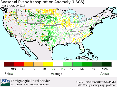 United States Seasonal Evapotranspiration Anomaly (USGS) Thematic Map For 3/1/2019 - 8/20/2019