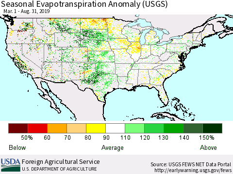 United States Seasonal Evapotranspiration Anomaly (USGS) Thematic Map For 3/1/2019 - 8/31/2019