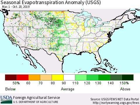 United States Seasonal Evapotranspiration Anomaly (USGS) Thematic Map For 3/1/2019 - 10/20/2019