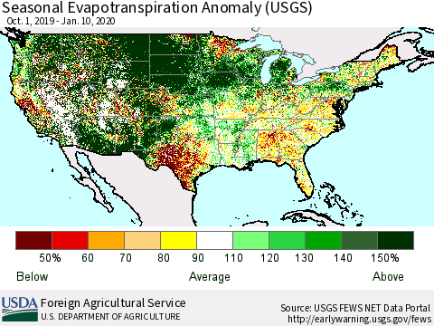 United States Seasonal Actual Evapotranspiration Anomaly (USGS) Thematic Map For 9/1/2019 - 1/10/2020