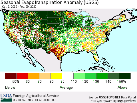 United States Seasonal Actual Evapotranspiration Anomaly (USGS) Thematic Map For 9/1/2019 - 2/29/2020