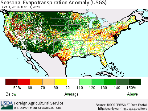 United States Seasonal Actual Evapotranspiration Anomaly (USGS) Thematic Map For 9/1/2019 - 3/31/2020