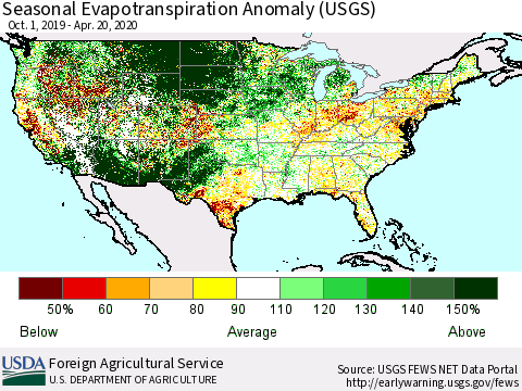 United States Seasonal Evapotranspiration Anomaly (USGS) Thematic Map For 9/1/2019 - 4/20/2020