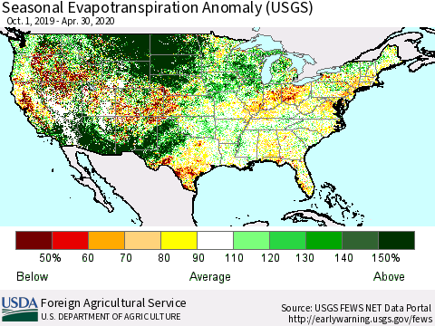 United States Seasonal Evapotranspiration Anomaly (USGS) Thematic Map For 9/1/2019 - 4/30/2020