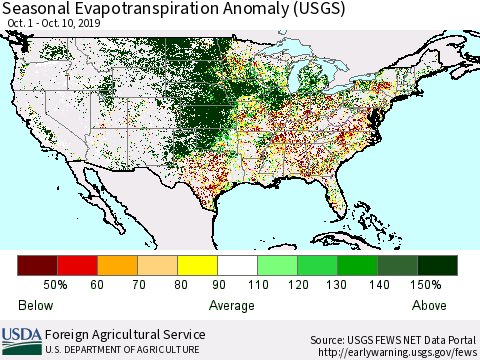 United States Seasonal Evapotranspiration Anomaly (USGS) Thematic Map For 9/1/2019 - 10/10/2019