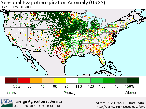 United States Seasonal Actual Evapotranspiration Anomaly (USGS) Thematic Map For 9/1/2019 - 11/10/2019