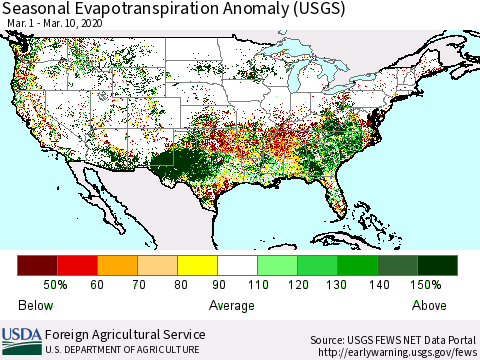 United States Seasonal Actual Evapotranspiration Anomaly (USGS) Thematic Map For 3/1/2020 - 3/10/2020