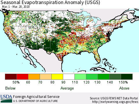 United States Seasonal Actual Evapotranspiration Anomaly (USGS) Thematic Map For 3/1/2020 - 3/20/2020