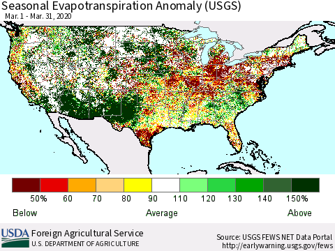 United States Seasonal Actual Evapotranspiration Anomaly (USGS) Thematic Map For 3/1/2020 - 3/31/2020