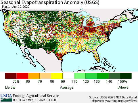 United States Seasonal Actual Evapotranspiration Anomaly (USGS) Thematic Map For 3/1/2020 - 4/10/2020
