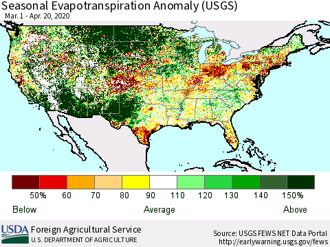 United States Seasonal Actual Evapotranspiration Anomaly (USGS) Thematic Map For 3/1/2020 - 4/20/2020